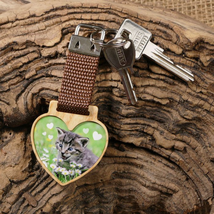 Schlüsselanhänger mit Foto - Herz aus Holz - zweiseitig