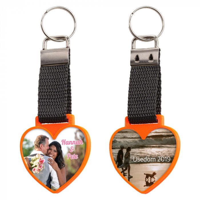 Schluesselanhaenger mit Foto Herz leuchtorange zweiseitig Schluesselanhaenger mit Foto Herz leuchtorange zweiseitig