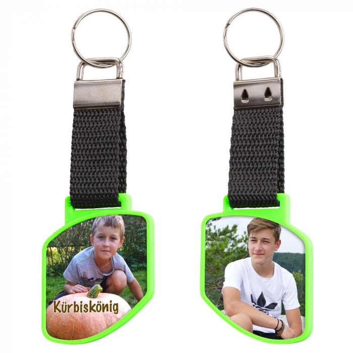 Schluesselanhaenger mit Foto Swing neongrün zweiseitig Schluesselanhaenger mit Foto Swing neongrün zweiseitig